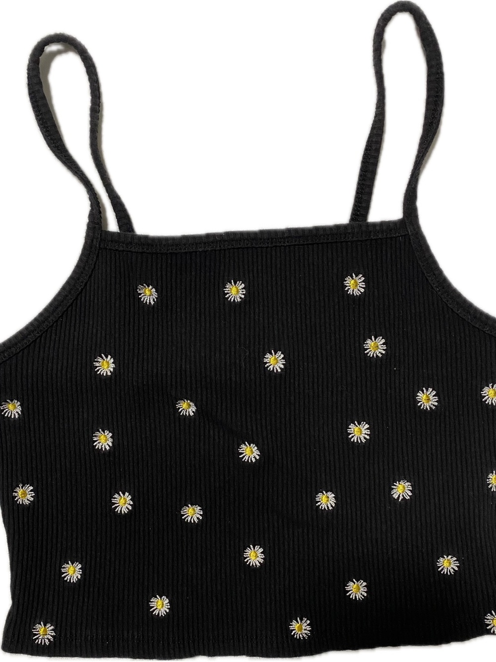 Forever 21 Black Ribbed Daisy Embroidered Crop Tank